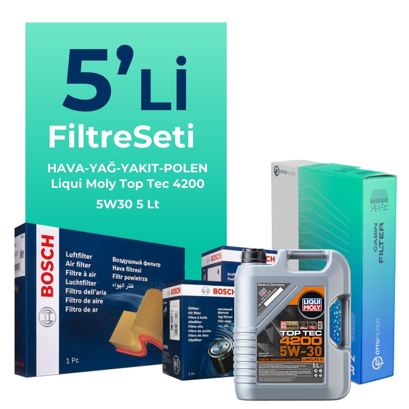 bosch-audi-a4-2-0-dizel-140-hp-filtre-bakim-seti-liqui-moly-motor-yagli-2004-2009-5-li-126822 Bosch Audi A4 2.0 Dizel 140 HP Filtre Bakım Seti Liqui Moly Motor Yağlı (2004-2009) 5 Li - Görsel 1
