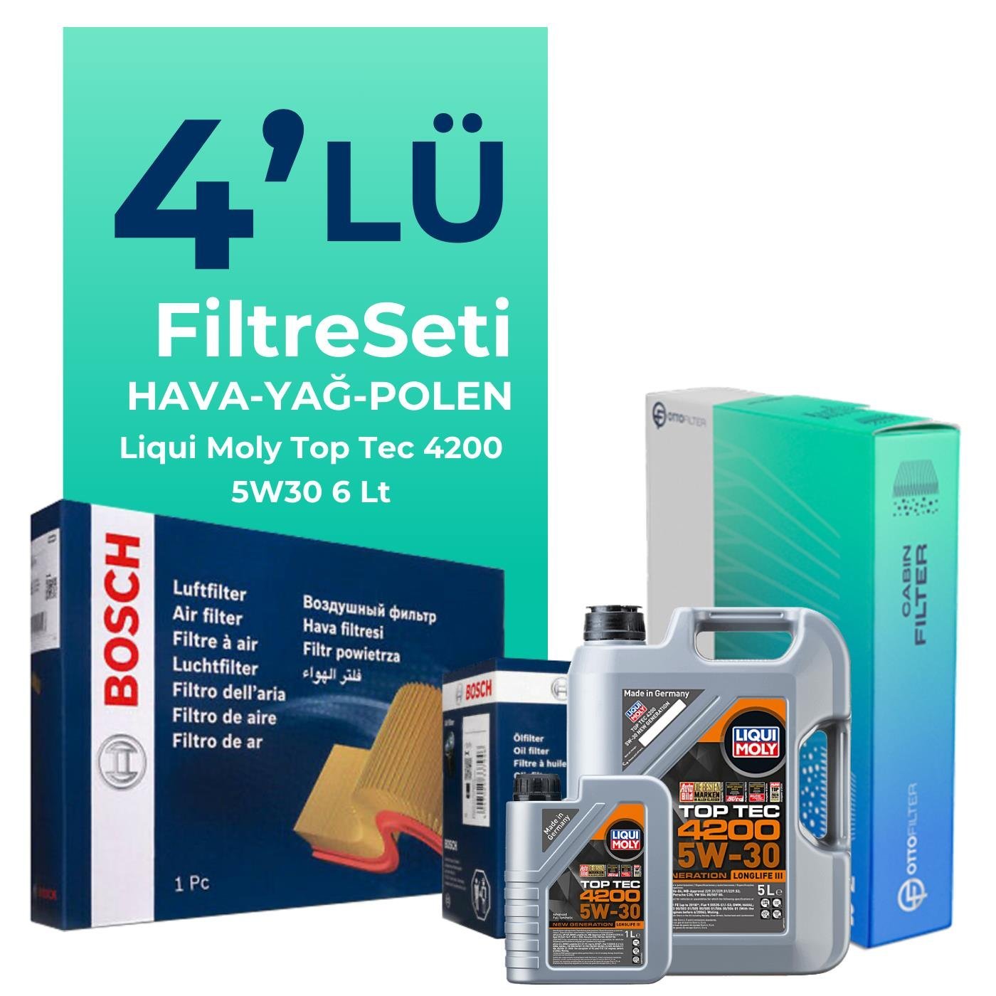 bosch-bmw-6-30-benzinli-filtre-bakim-seti-liqui-moly-motor-yagli-2004-2010-4-lu-127902 Bosch BMW 6.30 Benzinli Filtre Bakım Seti Liqui Moly Motor Yağlı (2004-2010) 4 Lü - Görsel 1